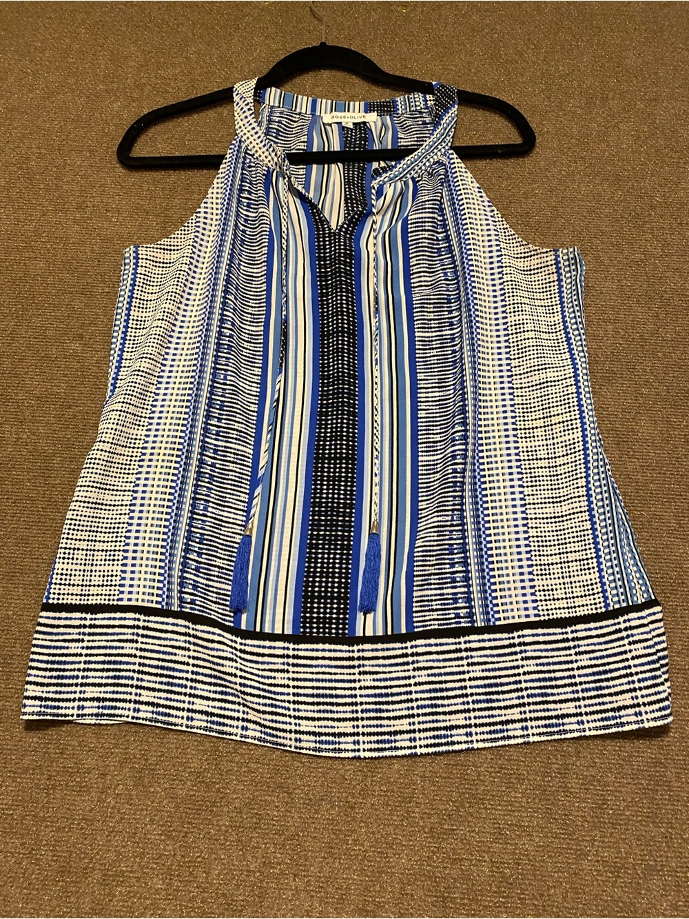 Rose & Olive Blue, Black and White Striped Halter Tank